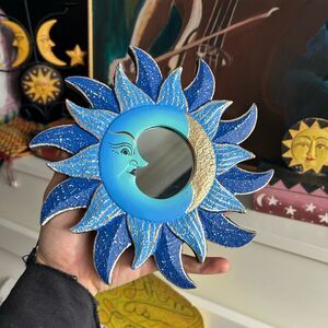 Vintage 8.5" Handpainted Blue and Gold Celestial Wall Mirror Whimsygoth